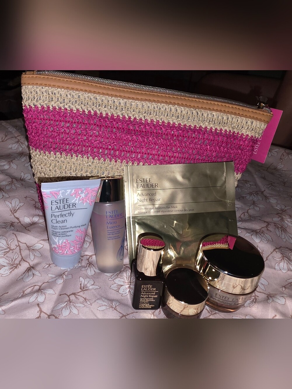 Estee Lauder Pink & Cream Straw Pouch Skincare Set